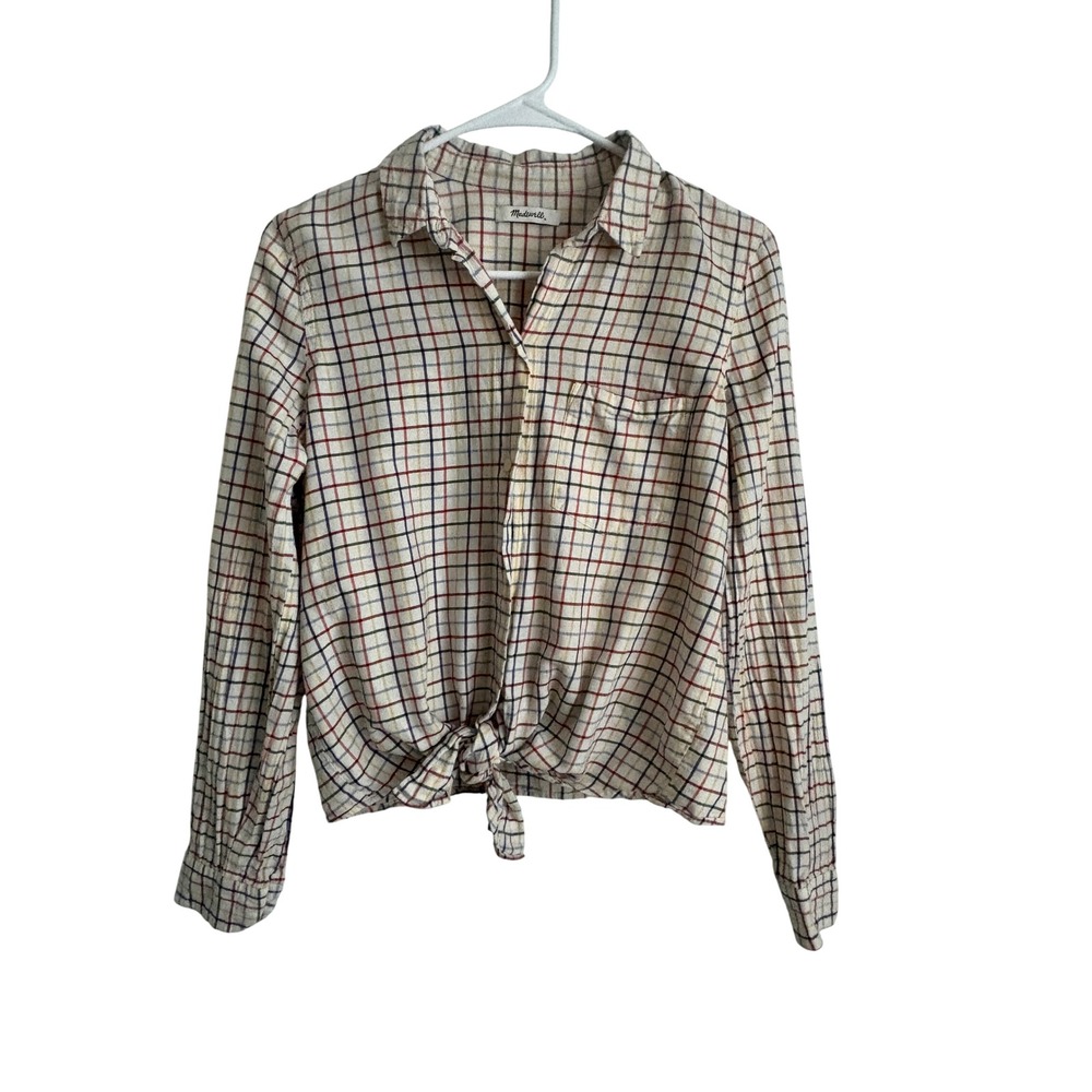 Madewell Rainbow Tattersall Plaid Tie Front Cotton Button Down Shirt White Small